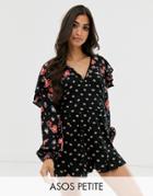 Asos Design Petite Mixed Floral Romper With Ruffle Sleeve-multi