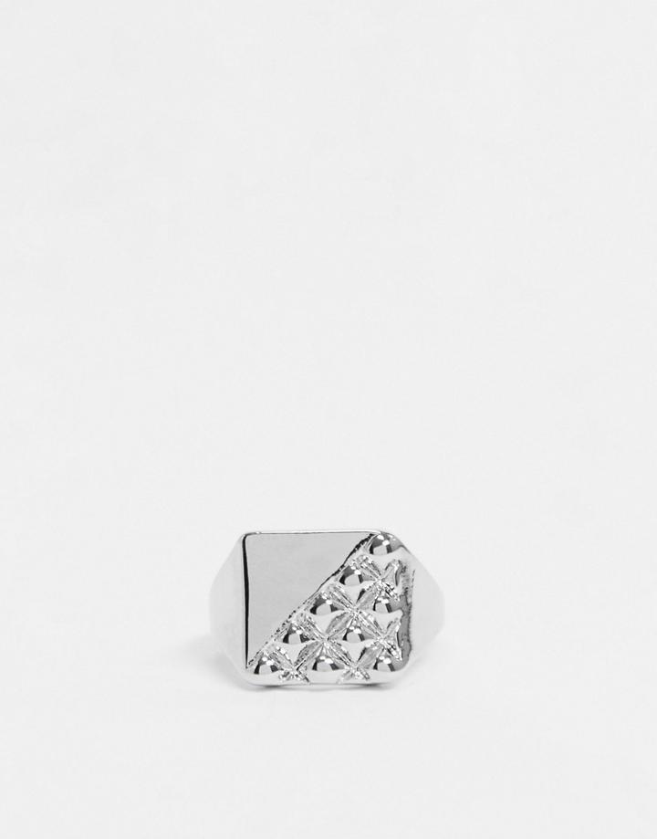 Topshop Signet Ring In Silver With Pave Quilt