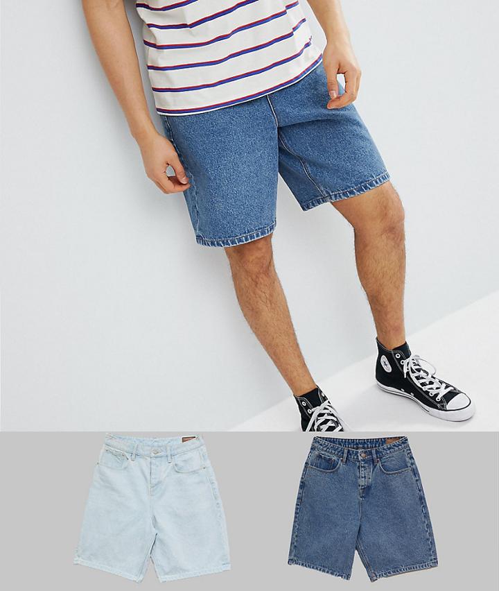 Asos Design Denim Shorts In Skater Fit In Mid Wash Blue And Light Wash Blue - Multi