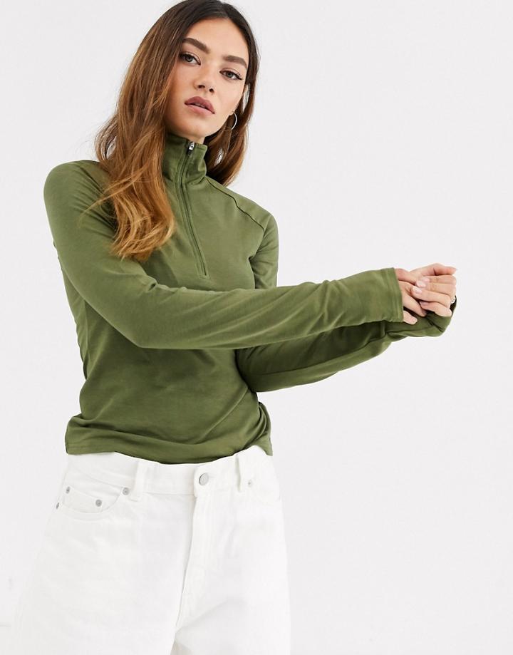 Weekday Zip -through Long Sleeve Top In Khaki Green