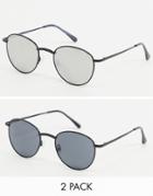 Svnx 2 Pack Rounded Sunglasses In Black With Silver Mirrored Lens-multi