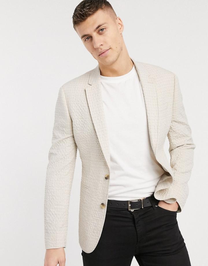 Asos Design Skinny Soft Tailored Blazer In Stone Seersucker Check-neutral