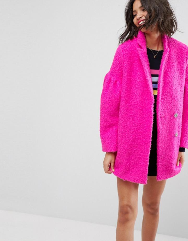 Asos Textured Coat With Puff Sleeve - Pink