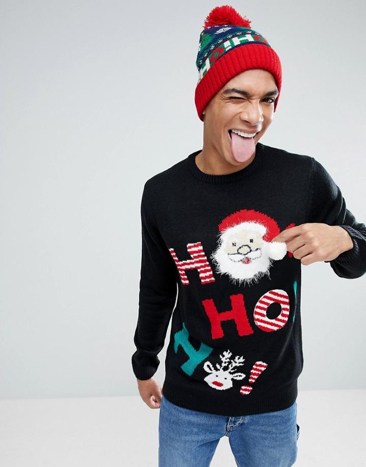 Pull & Bear Ho Ho Ho Sweater In Navy - Navy