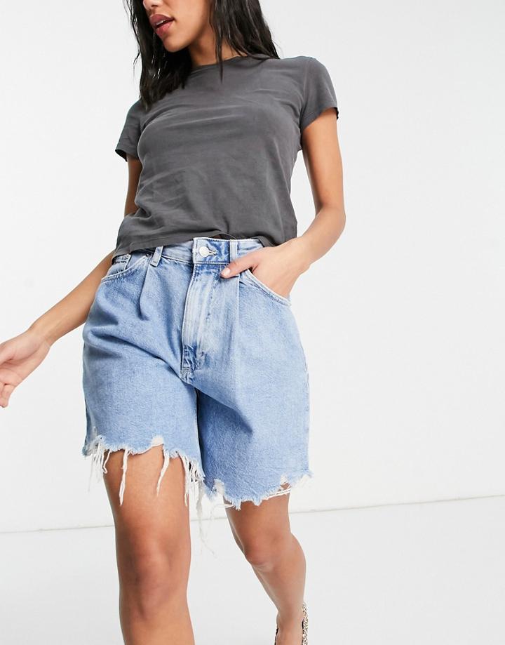 Bershka Denim Raw Hem Longline Shorts In Medium Blue-blues