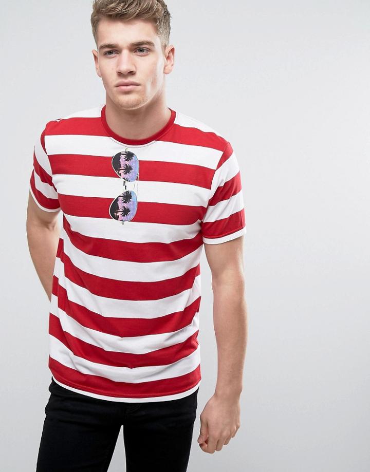 Brave Soul Striped T-shirt With Sunglasses Print - Red