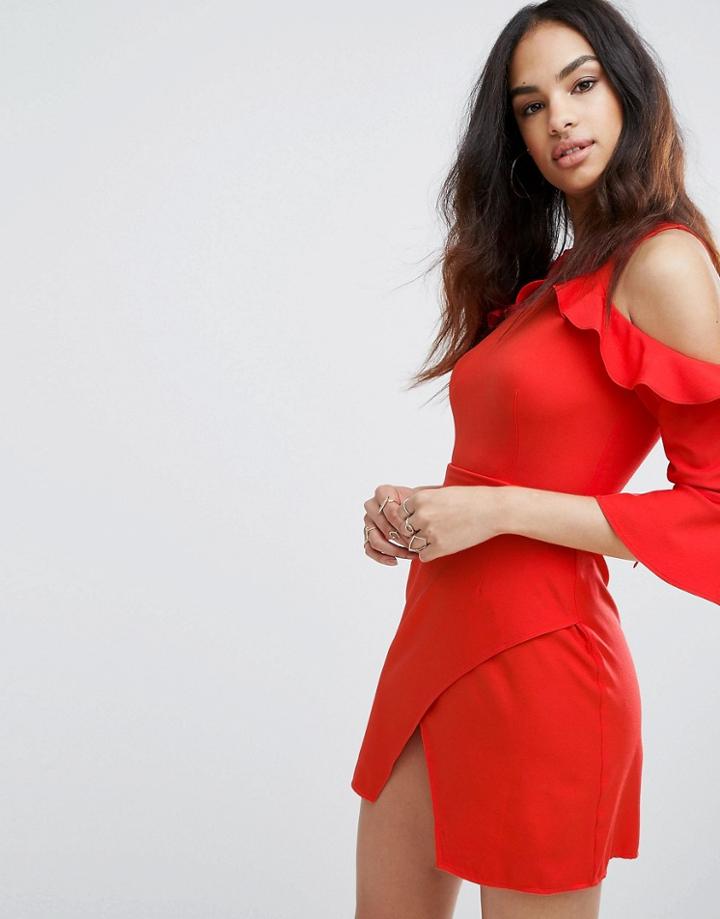 Boohoo Ruffle Cold Shoulder Mini Dress - Red