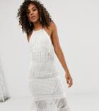 Asos Design Tall Halter Column Fringe And Lace Midi Dress-white