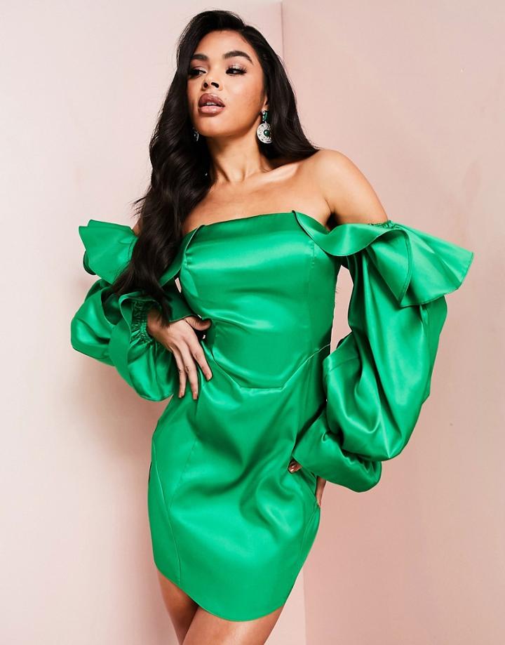 Asos Luxe Satin Bardot Body-conscious Dress With Puff Sleeves In Bright Green