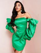 Asos Luxe Satin Bardot Body-conscious Dress With Puff Sleeves In Bright Green