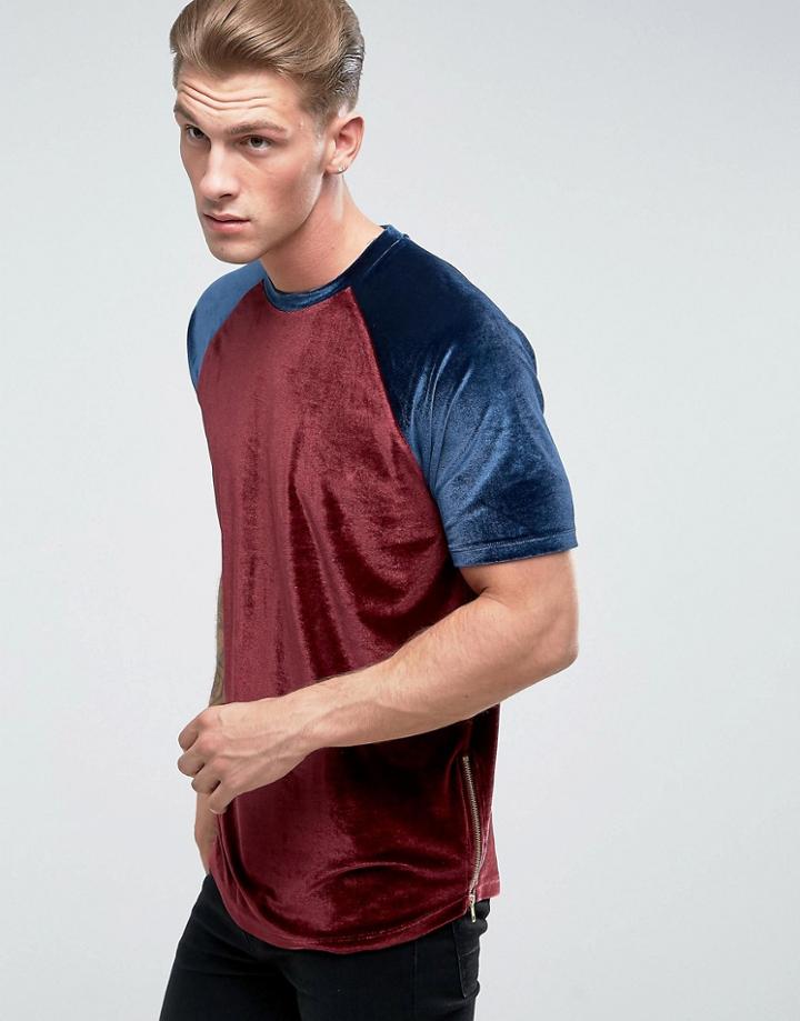 Asos Longline T-shirt In Velour With Contrast Raglan Sleeves And Side Zips - Blue