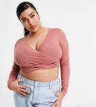 Flounce Plus Long Sleeve Wrap Top In Rose-pink