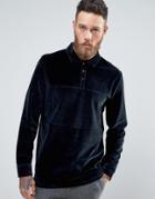 Asos Longline Long Sleeve Polo Shirt In Navy Velour With Rugby Styling - Navy