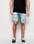 Asos Denim Shorts In Slim Fit With Rip And Repair Detail - Blue