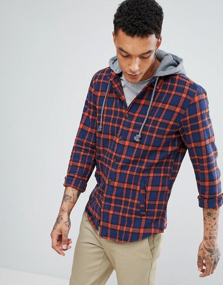 Pull & Bear Checked Shirt With Hood In Navy And Red - Blue