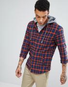 Pull & Bear Checked Shirt With Hood In Navy And Red - Blue