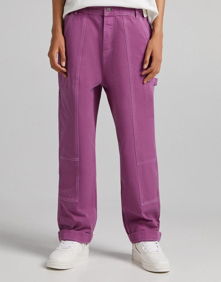Bershka Wide Fit Carpenter Jeans Set In Pink