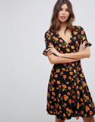 Asos Design Button Through Tea Dress With Frill Sleeve In Floral Print - Multi