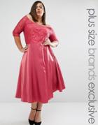 Truly You Lace Bardot Full Skirt Midi Dress - Pink