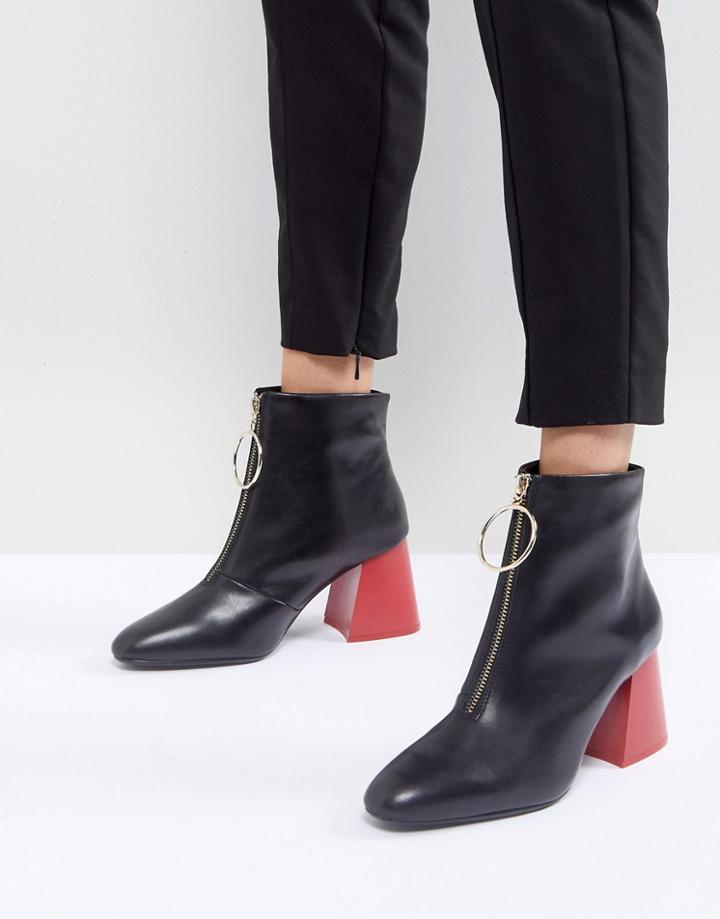 Mango Contrast Flared Heel Leather Ankle Boot - Black