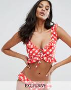 Asos Fuller Bust Exclusive Gingham Frill Bikini Top Dd-g - Red