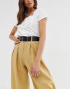 Asos Design Leather Wide Waist And Hip Belt With Gold Buckle-black