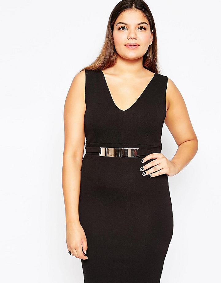 New Look Curve Plunge Neck Bodycon Dress With Metal Trim - Black