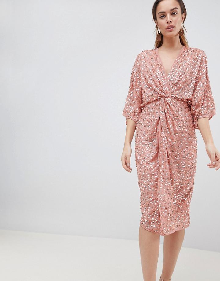 Asos Design Scatter Sequin Knot Front Kimono Midi Dress-copper