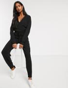 Micha Lounge Long Sleeve Jumpsuit With Tie Waist-black