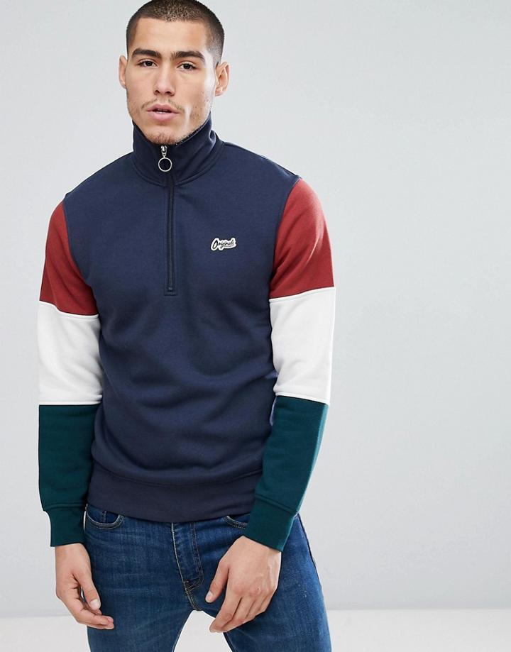 Jack & Jones Originals Sweatshirt With Retor Block Sleeve And 3/4 Zip Neck - Navy