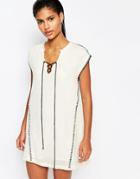 Moon River Tunic Dress With Blanket Stitching - Cream