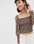 Only Square Neck Smock Top In Ditsy Floral Print-black