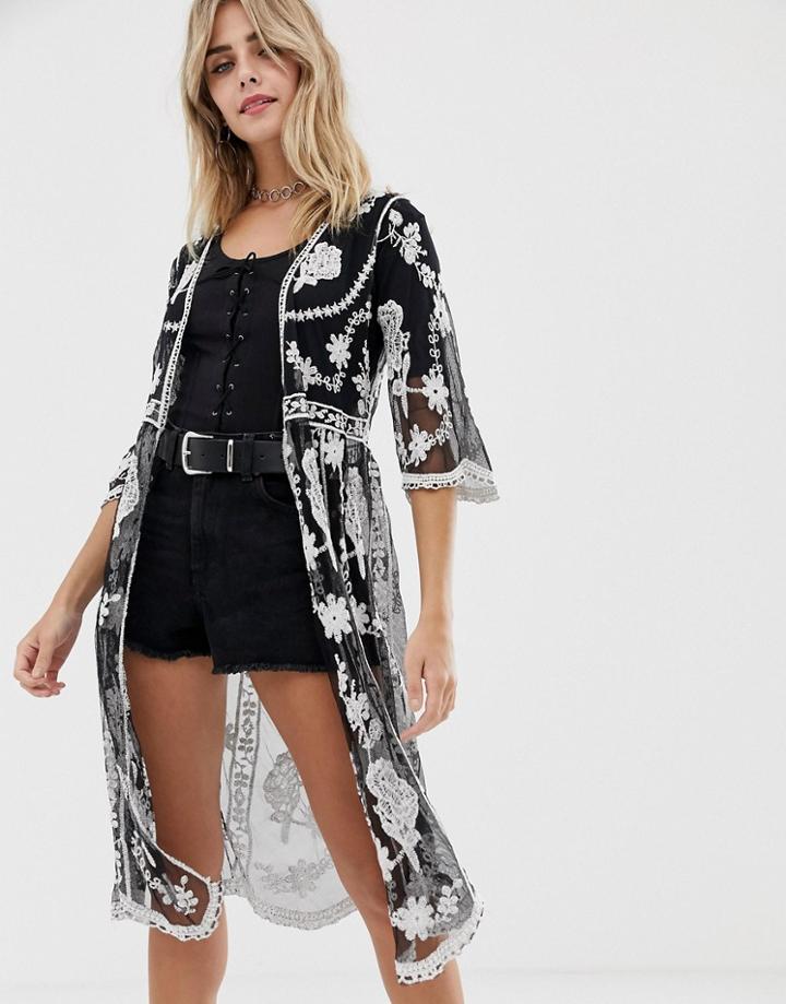 New Look Contrast Embroidered Kimono - Black