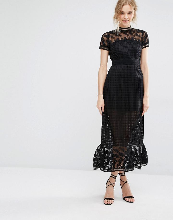Foxiedox Elodie Pleated Lace Cutwork Midi Dress - Black