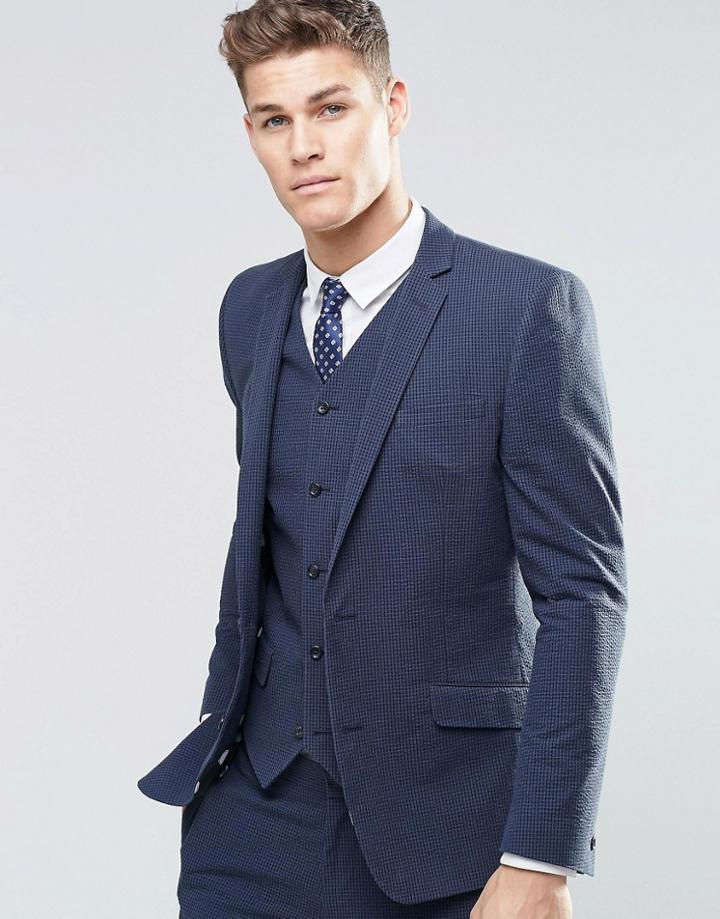 Asos Skinny Suit Jacket In Navy Check - Navy
