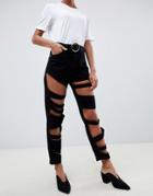 Asos Design Farleigh High Waist Slim Mom Jeans In Clean Black With Cut Out Strap Detail - Black