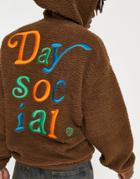 Asos Daysocial Oversized Hoodie In Teddy Borg With Large Back Logo Color Pop Embroidery In Brown