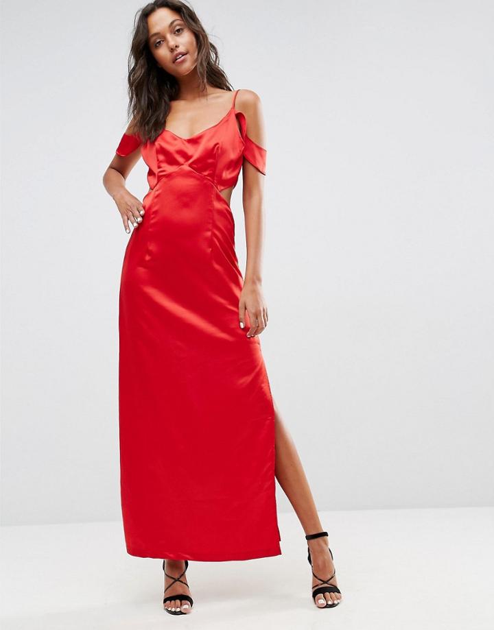 Wyldr Windslow Corvette Satin Dress With Off The Shoulder Frill And Waist Cut Out - Red