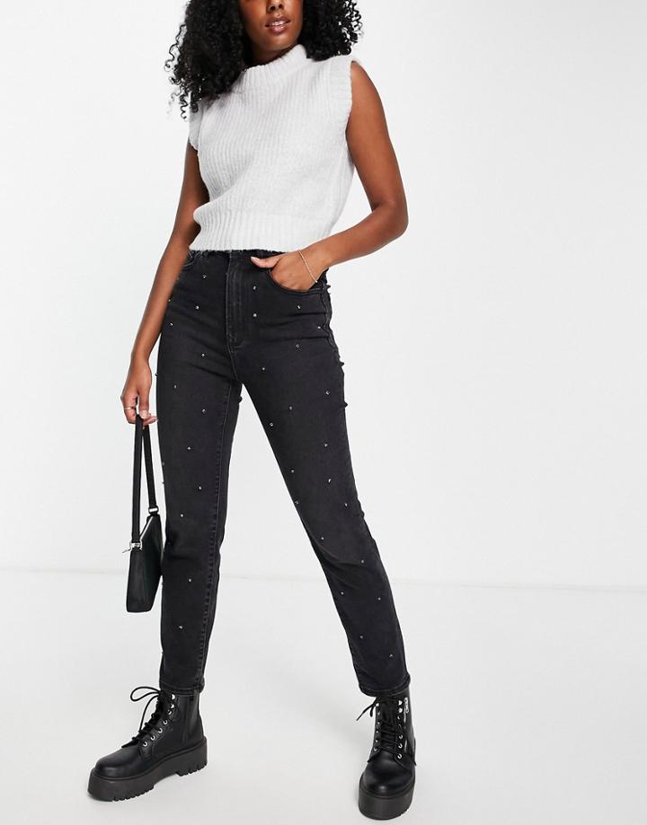 Stradivarius Slim Mom Jean With Crystals In Black