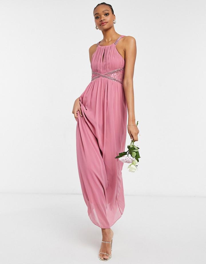 Little Mistress Bridesmaid Chiffon Maxi Dress With Embellishment And Lace Detail In Dusky Pink