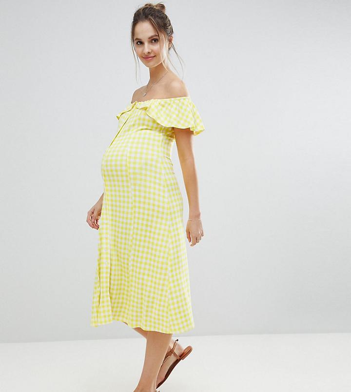 Asos Maternity Off Shoulder Button Through Midi Sundress In Gingham - Multi