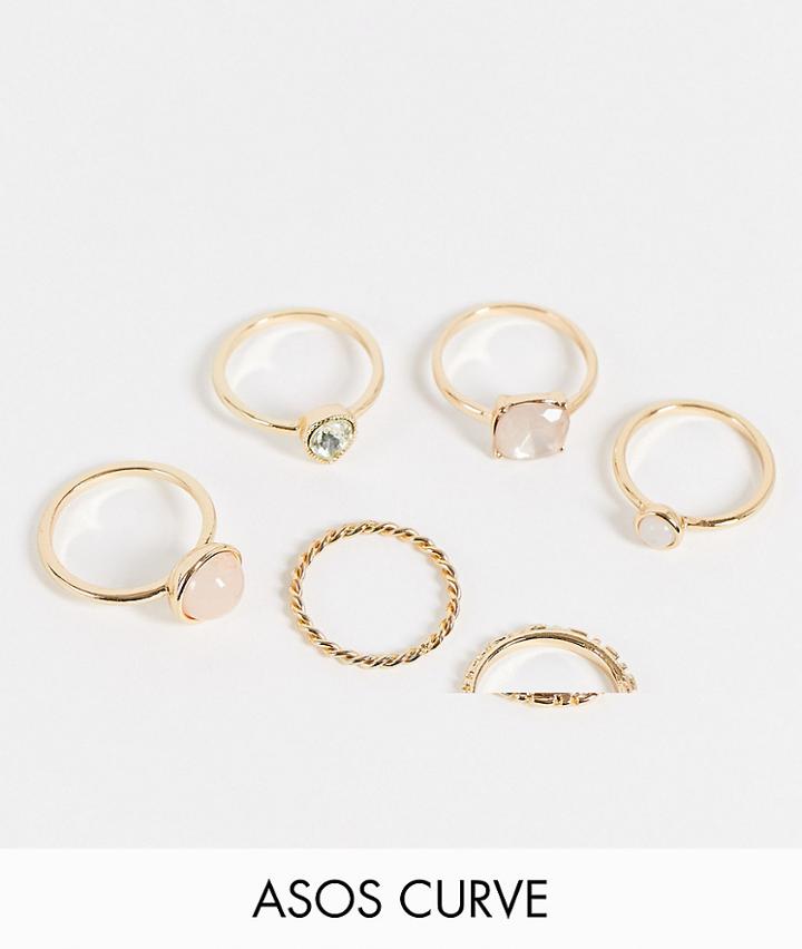 Asos Design Curve Pack Of 6 Rings With Pastel Colored Stones In Gold Tone