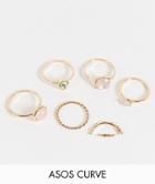 Asos Design Curve Pack Of 6 Rings With Pastel Colored Stones In Gold Tone