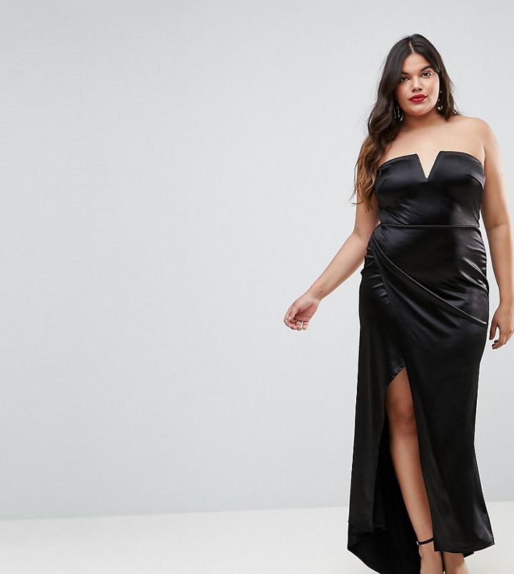 Club L Plus Plunge Front Bandeau Maxi Dress With Thigh Split - Black