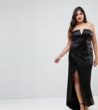 Club L Plus Plunge Front Bandeau Maxi Dress With Thigh Split - Black