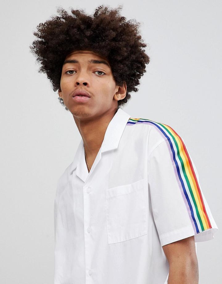 Asos Design Boxy Oversized Revere Collar Shirt With Rainbow Taping - White