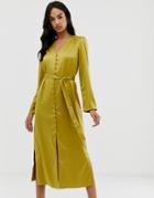 Fashion Union Satin Button Front Midi Dress - Green