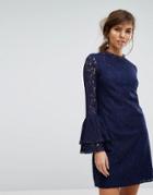 Little Mistress Lace Shift Dress With Fluted Sleeve - Navy