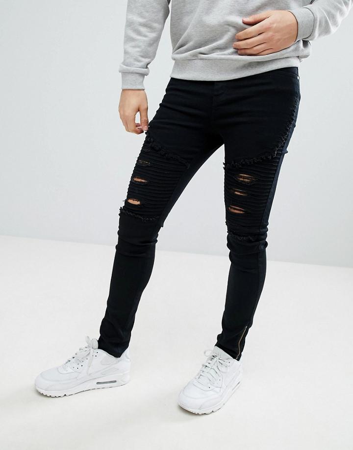 Boohooman Skinny Biker Jeans In Distressed Black Wash - Black