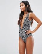 Missguided Printed Plunge Neck Swimsuit - Mono